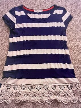 Jolt Navy and White Striped Short Sleeve Tee with Lace Hem